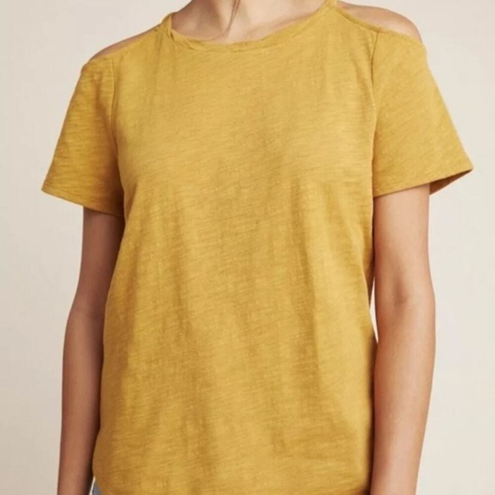 Anthropologie Maeve Short Sleeve Turner Open Shoulder Cotton Top Yellow sz L NWT